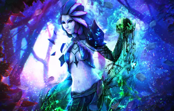 Лес, девушка, череп, маг, Guild Wars 2, art, Necromancer, Sylvari