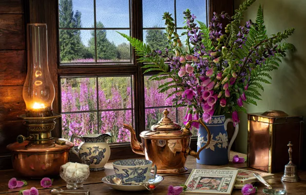 Картинка цветы, стиль, книги, лампа, букет, чайник, окно, кружка