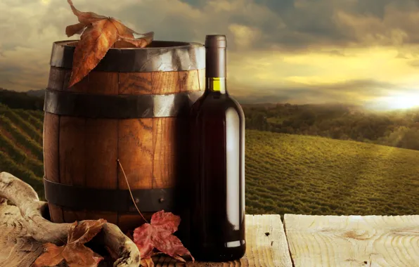Картинка осень, листья, фон, вино, красное, бутылка, бочка, виноградники