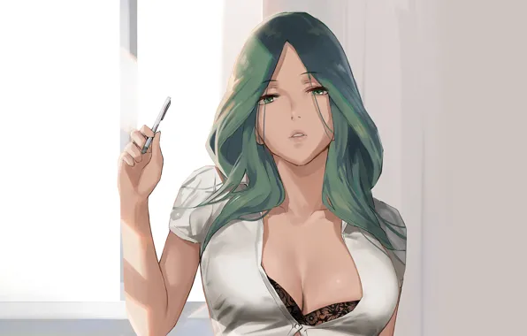 Girl, sexy, bra, cleavage, blouse, green eyes, long hair, boobs
