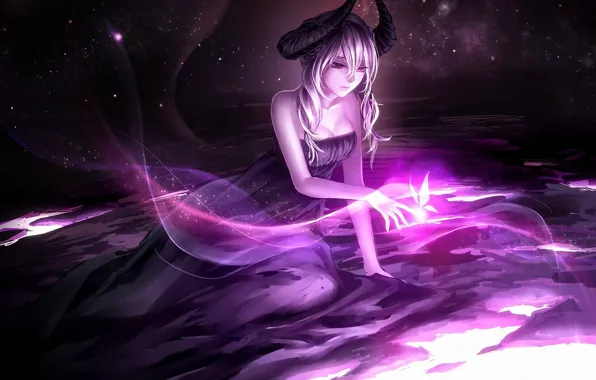 Картинка девушка, магия, бабочка, свечение, арт, рога, демоница, фиолетовое