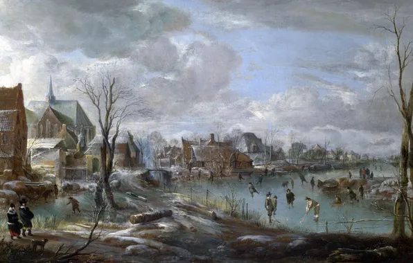 Картинка река, лёд, картина, городок