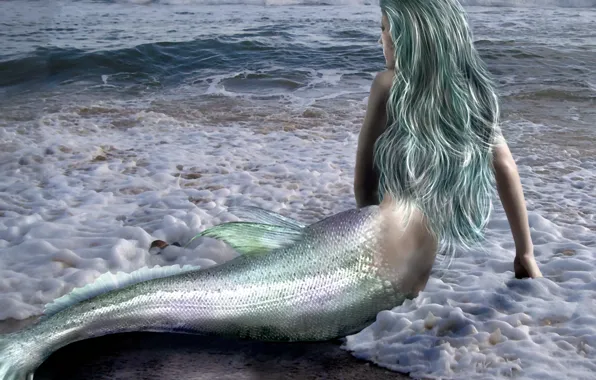 Картинка море, волны, девушка, фантастика, волосы, спина, русалка, руки