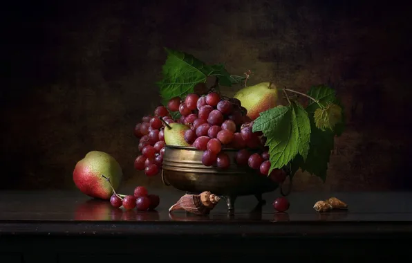 Картинка стиль, виноград, ракушки, фрукты, натюрморт, груши