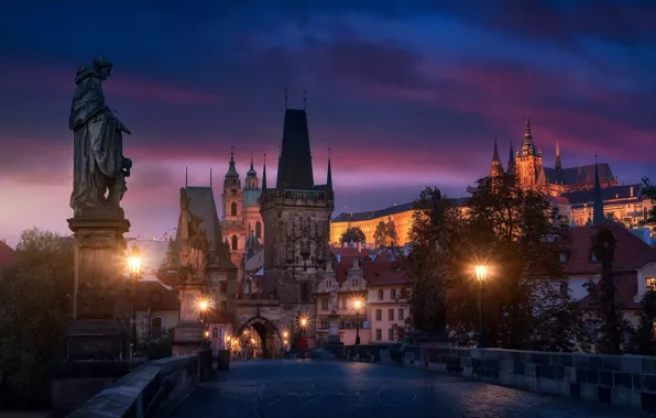 Картинка город, Чехия, мост, Прага, вечер, огни