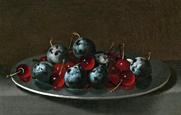 Картинка картина, натюрморт, Хуан ван дер Амен и Леон, Блюдо со Сливами и Вишней