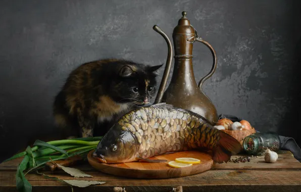 Картинка кошка, кот, рыба, карп
