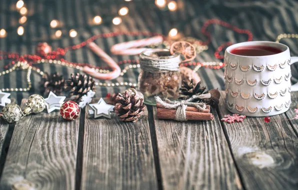 Декорация, кружка, мишура, украшения, шишки, доски, Новый год, Рождество
