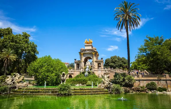 Пруд, пальмы, скульптура, Испания, park, Барселона, Barcelona, Spain