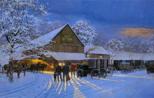 Зима, снег, кони, вечер, живопись, повозки, Dave Barnhouse, The Gathering Place