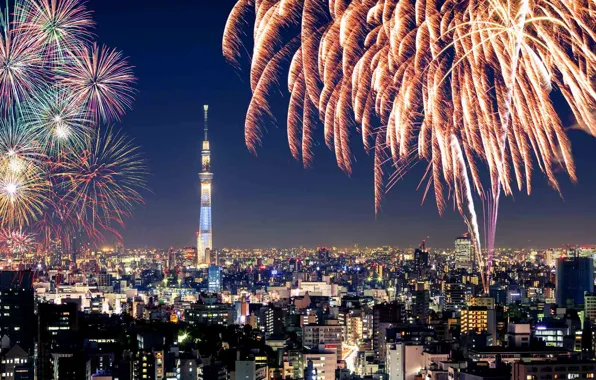 Картинка ночь, огни, салют, Япония, Токио, река Сумида, фестиваль фейерверков