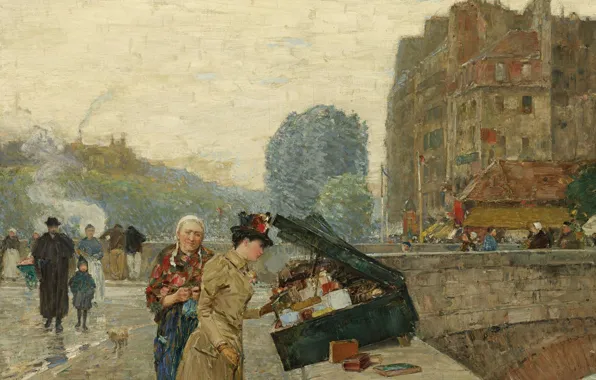 Мост, люди, картина, городской пейзаж, Frederick Childe Hassam, Чайльд Гассам, Набережная Сен-Мишель
