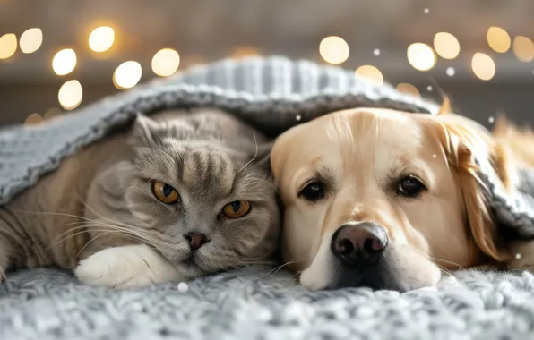 Кошка, кот, взгляд, уют, вместе, собака, плед, парочка