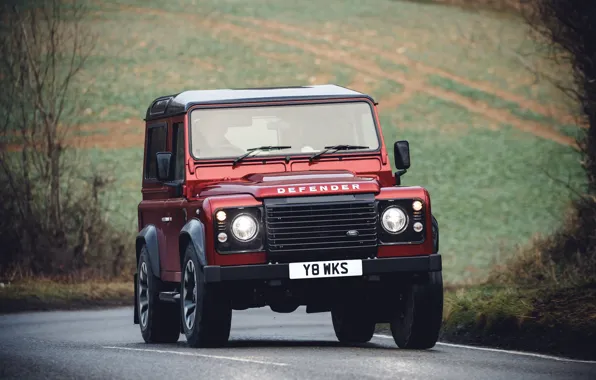 Картинка дорога, красный, поворот, внедорожник, Land Rover, 2018, сырость, Defender
