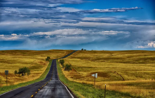 Картинка дорога, поле, осень, небо, трава, холмы, простор, США