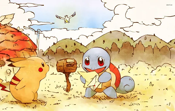 Письмо, рисунок, пикачу, покемон, pokemon, pikachu, squirtle, почтовый ящик