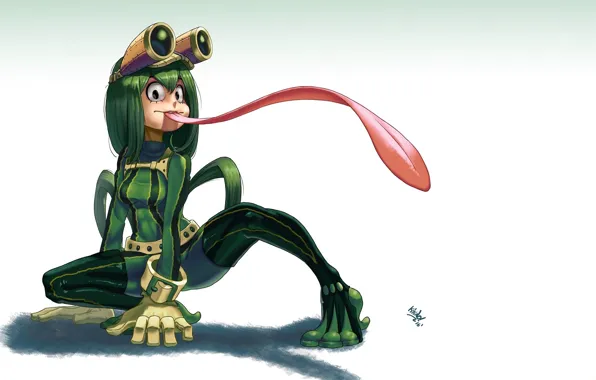 Картинка монстр, зеленая, жаба, мутант, длинный язык, высунул язык, Boku no Hero Academia, выпученные глаза