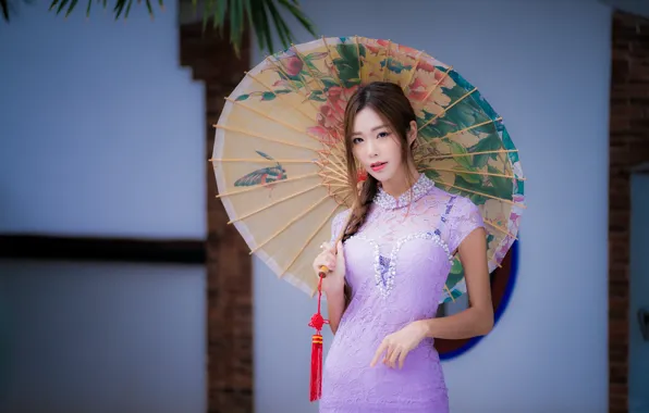 Картинка девушка, зонтик, платье, азиатка