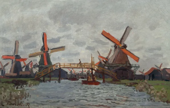 Картинка пейзаж, картина, Клод Моне, Ветряные Мельницы возле Зандама