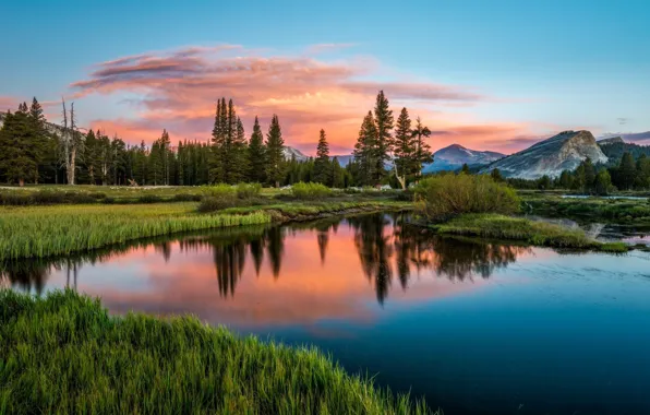 Sunset, mountains, lake