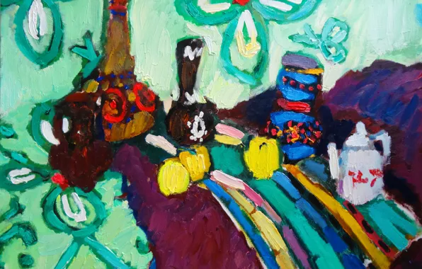 Яблоки, ромашки, натюрморт, 2012, полосатая ткань, Петяев