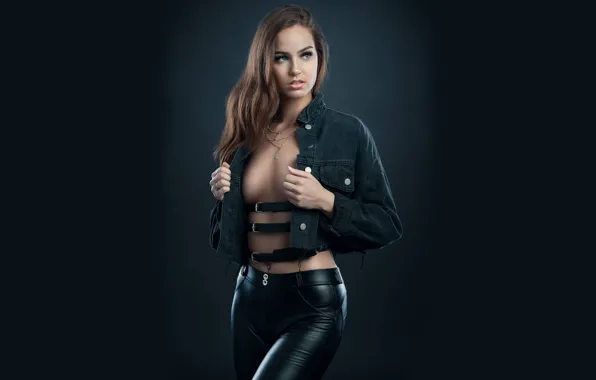 Studio, blue eyes, model, women, brunette, hips, jacket, black pants