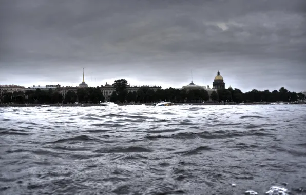 Волны, вода, река, Санкт-Петербург, собор, Нева, Исаакиевский, HDR. шпили