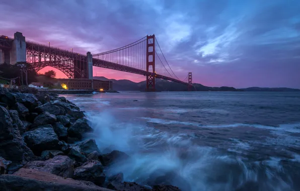 Пейзаж, закат, мост, пролив, камни, Калифорния, прибой, Сан-Франциско
