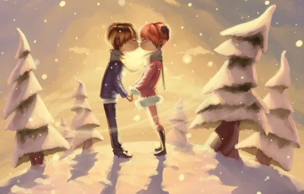 Картинка зима, снег, деревья, романтика, поцелуй, пара