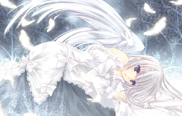 Картинка крылья, ангел, платье, арт, девочка, белые волосы, лежа, hayase akira