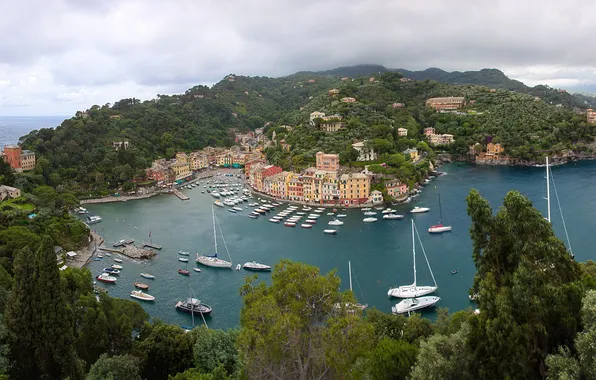 Картинка город, фото, бухта, причал, Италия, пирс, сверху, Portofino