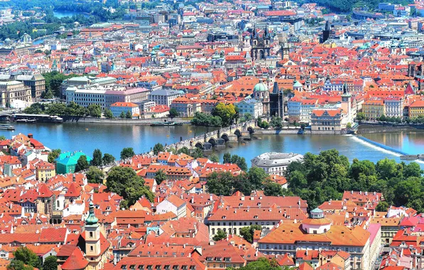 Крыша, башня, дома, Прага, Чехия, панорама, Карлов мост, река Влтава
