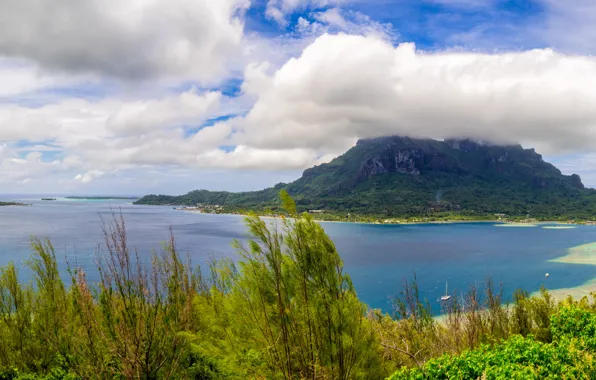 Море, облака, тропики, побережье, гора, панорама, Bora Bora, Французская Полинезия