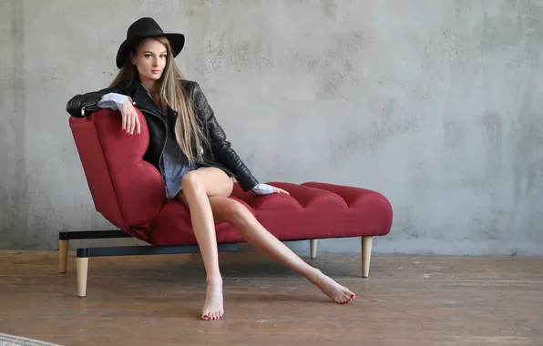 Girl, legs, hat, beautiful, model, leather, jacket