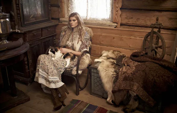 Картинка кошка, девушка, ретро, модель, сапоги, платье, мех, Марина Линчук