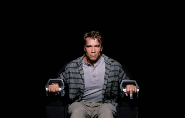 Картинка кресло, злой, рубашка, сидит, Арнольд Шварценеггер, Arnold Schwarzenegger, Total Recall, прикован