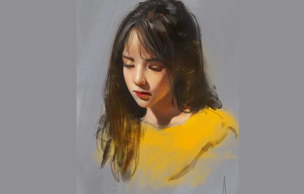 Картинка лицо, ресницы, губки, серый фон, длинные волосы, закрытые глаза, желтая кофта, портрет девушки