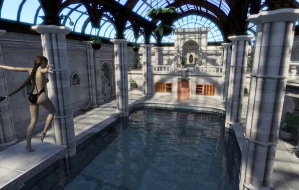 Девушка, бассейн, архитектура, купол, Croft Manor - Pool