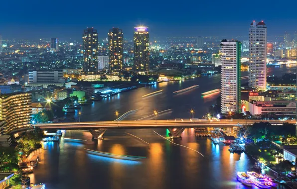 Картинка ночь, мост, город, огни, река, лодки, выдержка, Таиланд