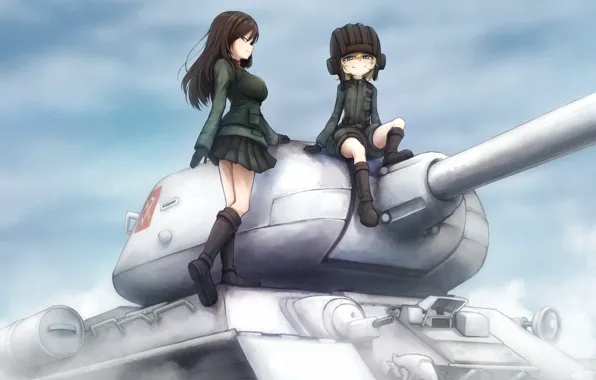 Двое, Девочки, Танк, Nonna, Girls und Panzer, T-34-85, Katyusha