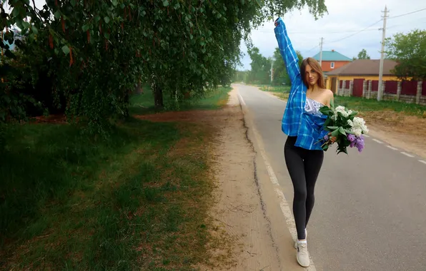 Девушка, grass, road, blouse, sky, trees, flowers, clouds