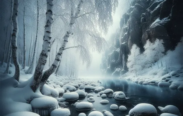 Зима, лес, снег, природа, камни, сугробы, березы, водоем