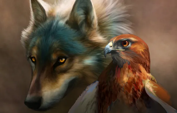 Птица, орел, Волк, живопись, art, novawuff