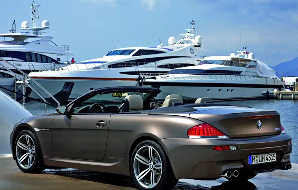 Пристань, яхты, cabrio, BMW M6, серый металлик, карбиолет