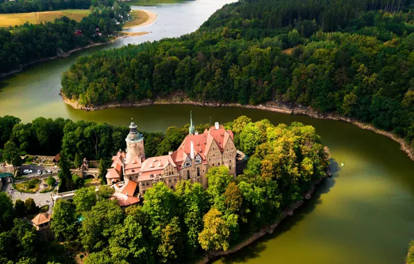 Пейзаж, природа, река, замок, Польша, архитектура, Czocha castle, замок Чоха