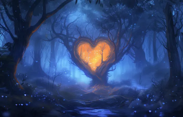 Light, fantasy, forest, heart
