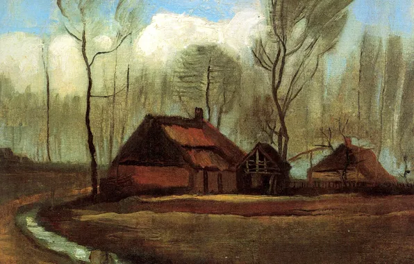 Картинка лужа, Vincent van Gogh, Farmhouses Among Trees