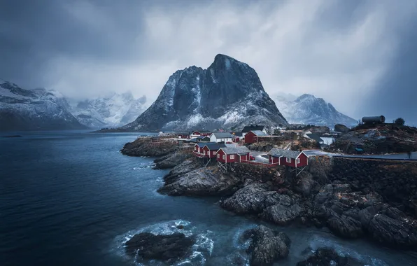Картинка горы, скалы, Норвегия, поселок, фьорд, Лофотенские острова