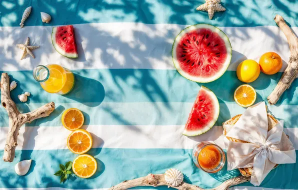 Пляж, лето, солнце, отдых, summer, фрукты, sunshine, пикник