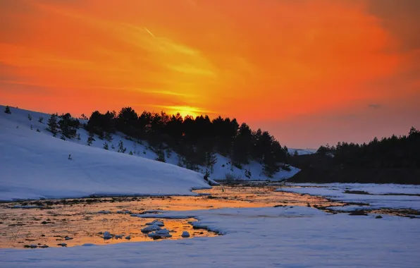 Twilight, river, sunset, winter, snow, dusk, reflection, freeze